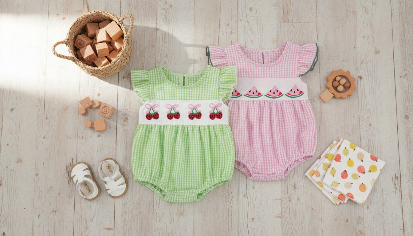 Fruit Embroidered Plaid Fly-Sleeve Romper for Baby