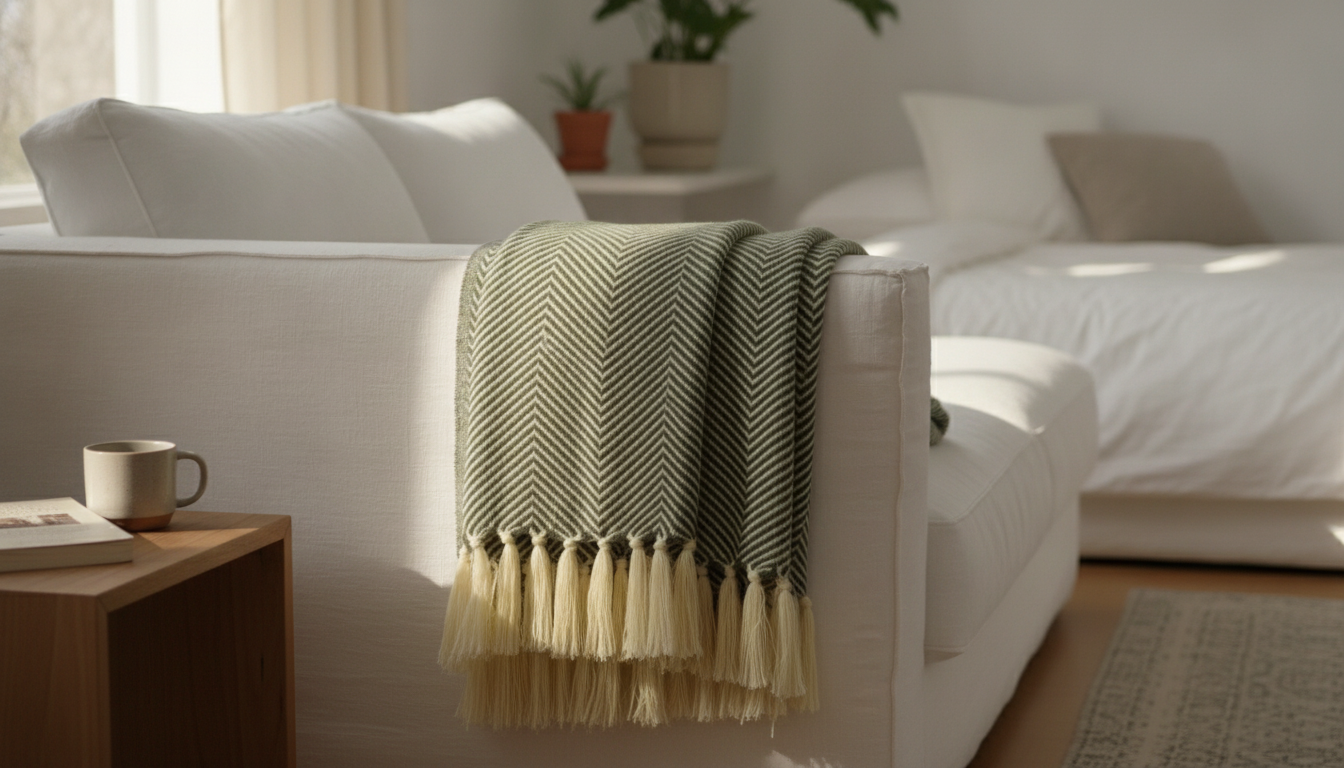 Olive Green Herringbone Knit Throw with Tassels